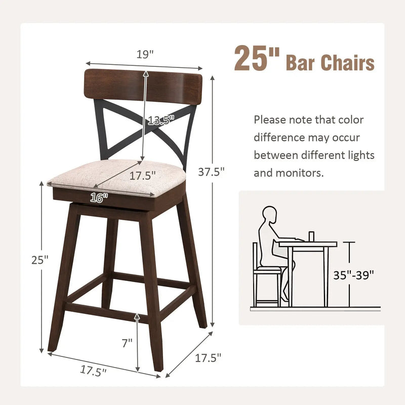 Set of 2 Wooden Swivel Bar Stools with Cushioned Seat and Open X Back by DirectDeals
