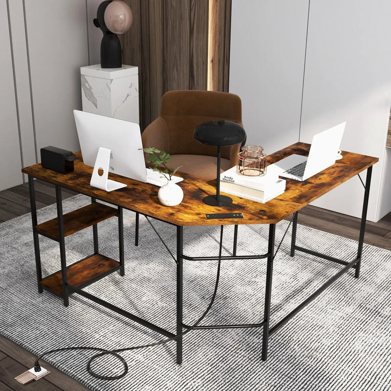 L Shaped Computer Desk with 2 Outlets and 2 USB Ports-Brown by DirectDeals