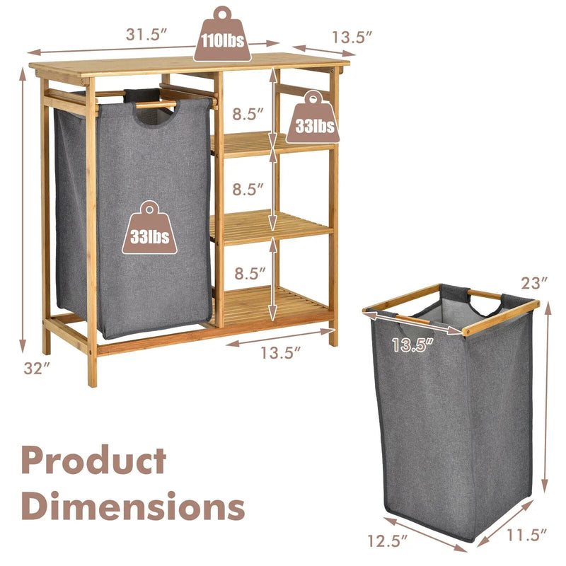 Bamboo Laundry Hamper Stand with Removable Sliding Bag and 3-Tier Open Shelves by DirectDeals