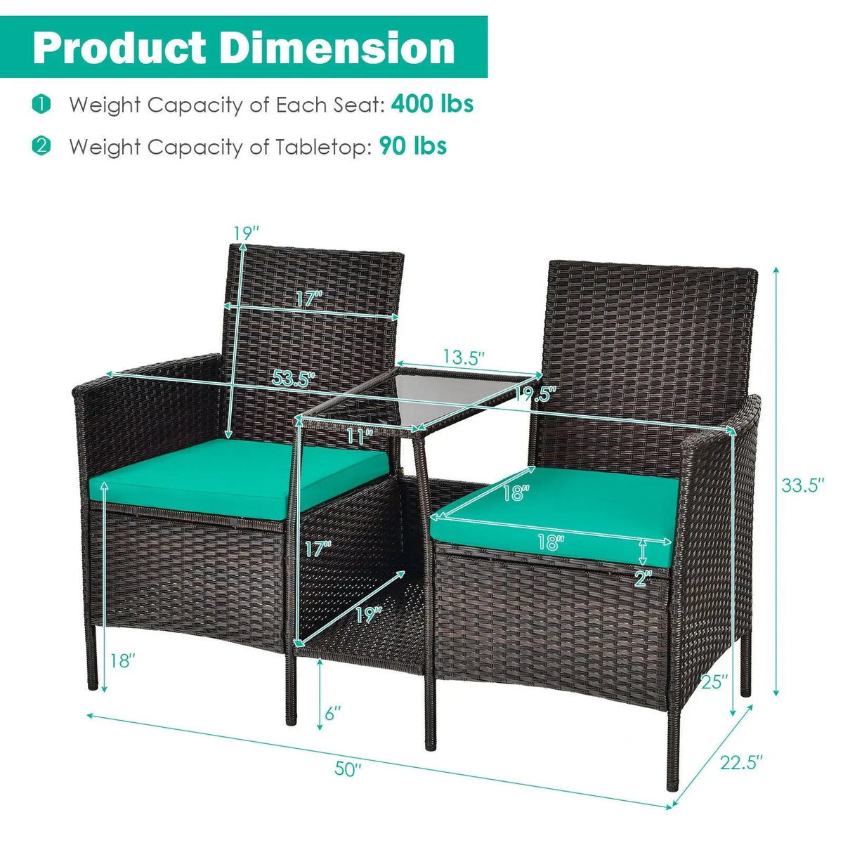 Patio Rattan Wicker Conversation Set Sofa Cushioned Loveseat Glass Table, photo 5 of 11