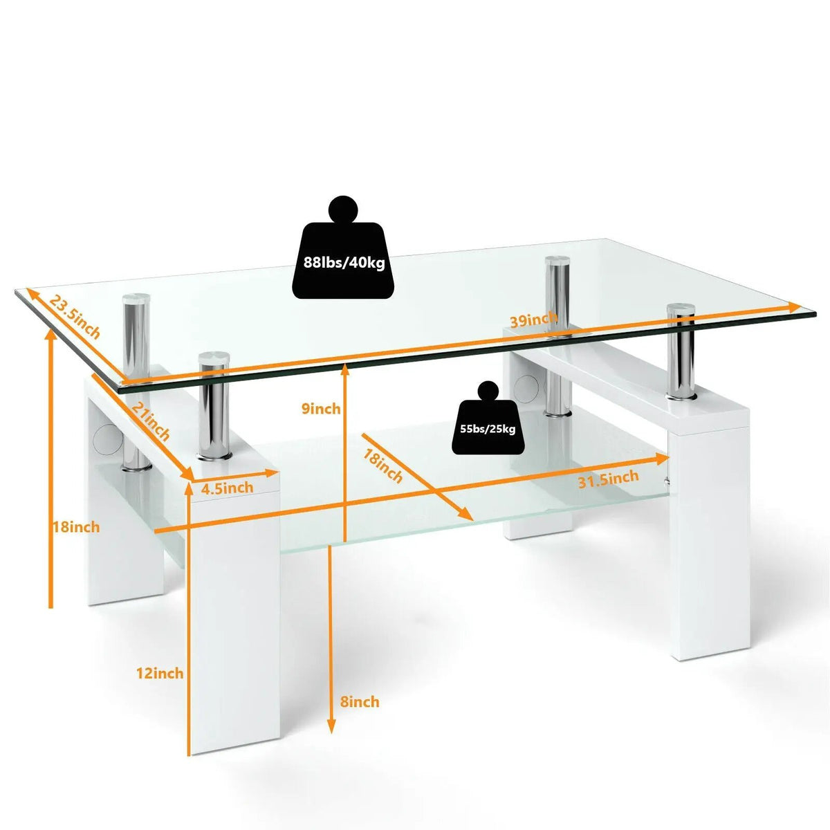 Rectangular Tempered Glass Coffee Table with Shelf, photo 9 of 32