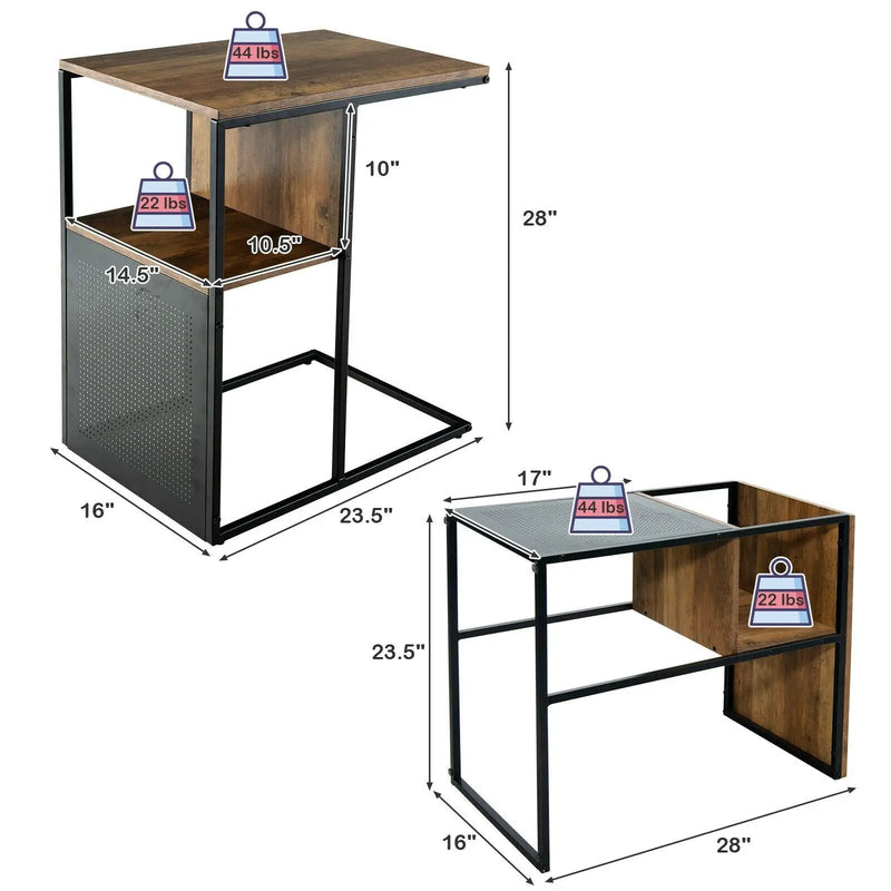2-Tier C-Shaped Reversible End Table with Wooden Shelf for Living Room-Brown by DirectDeals