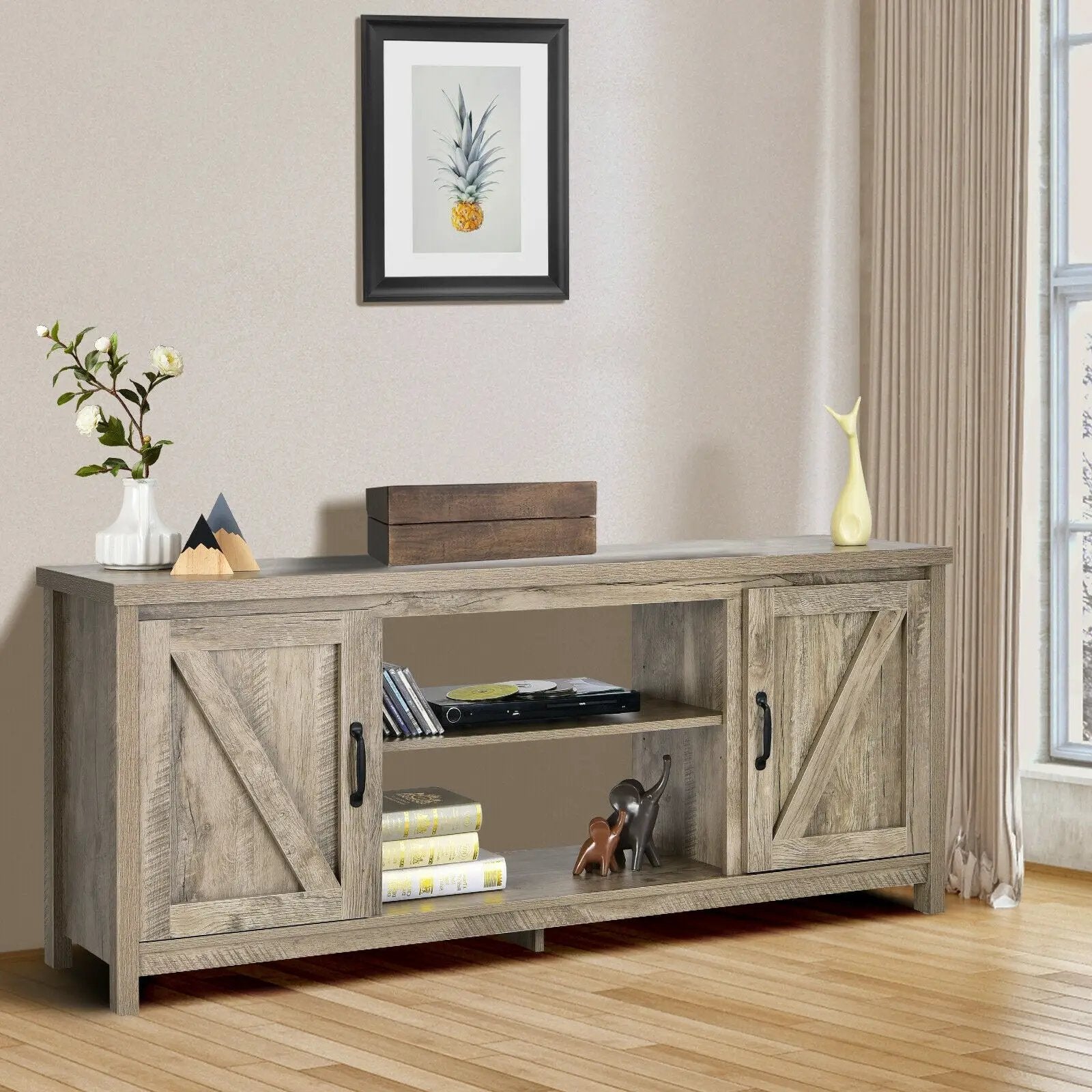 59 Inches TV Stand Media Console Center with Storage Cabinet-Natural by DirectDeals
