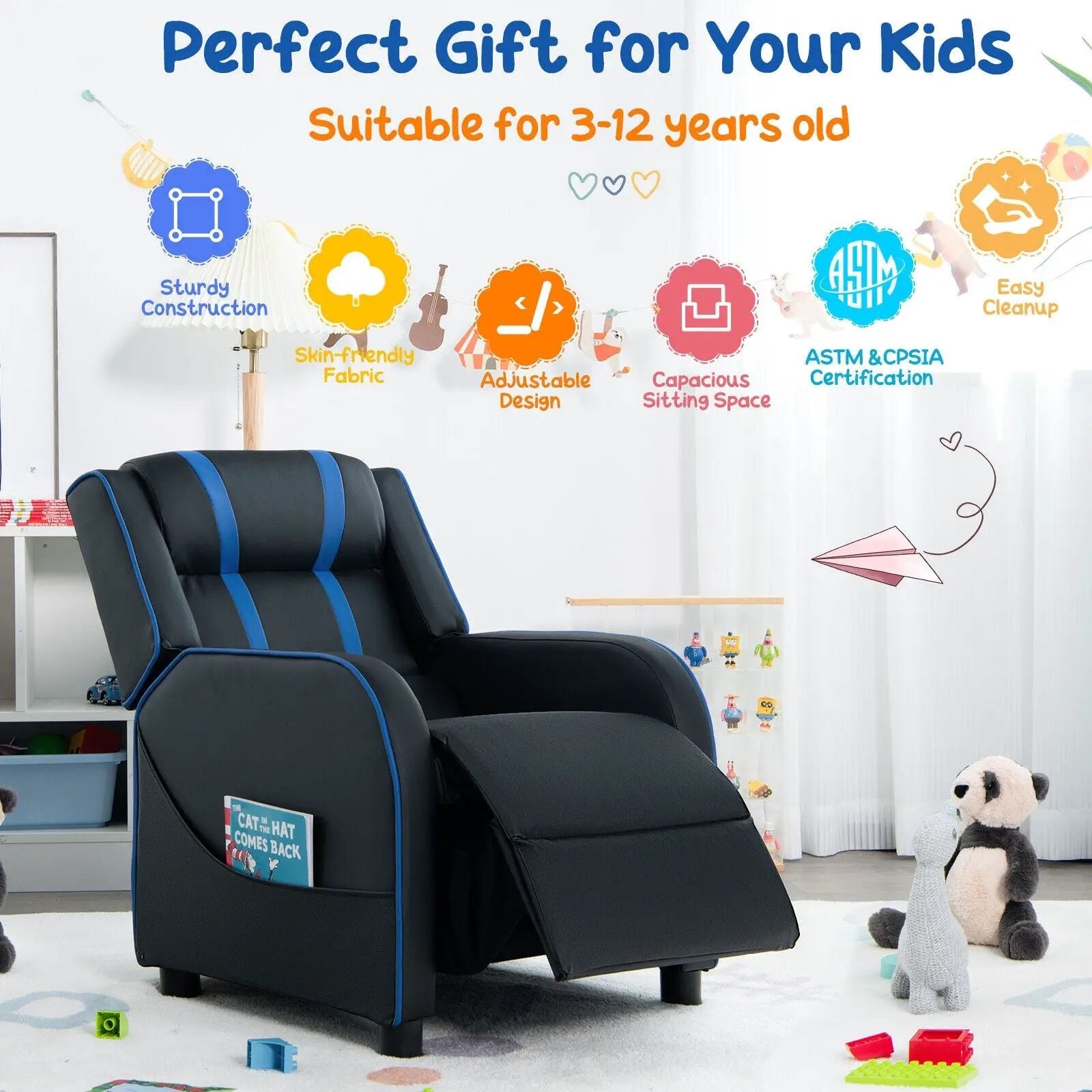 Kids Recliner Chair with Side Pockets and Footrest by DirectDeals