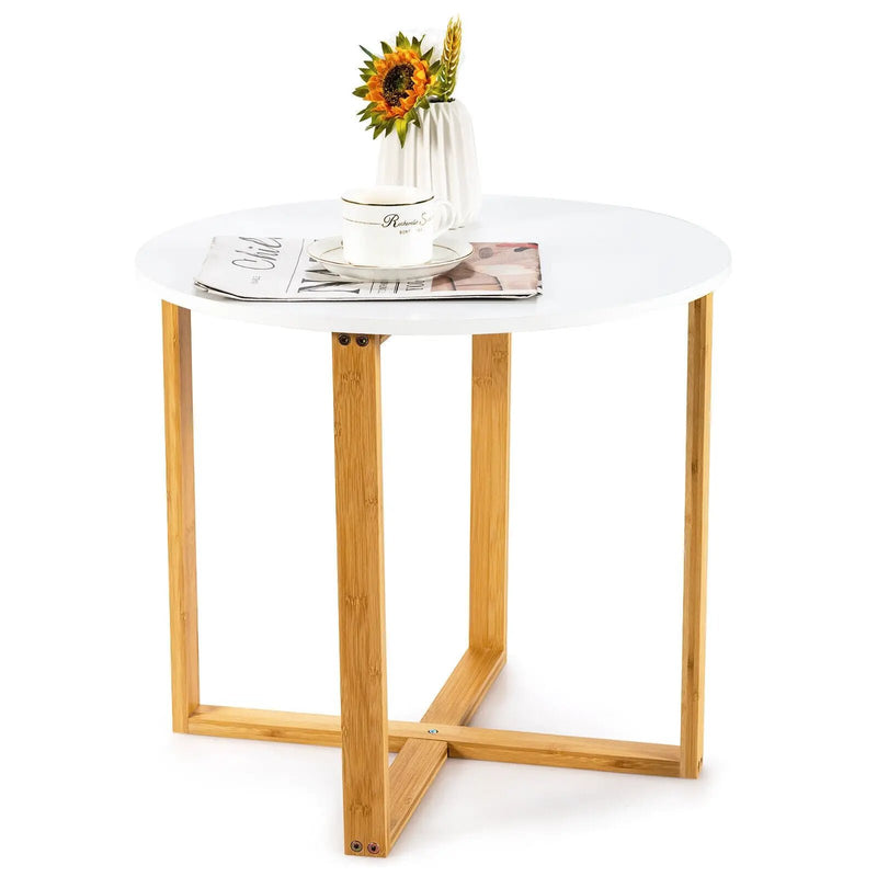 Multifunctional Round Side End Table with Bamboo Legs and X-Shaped Base by DirectDeals