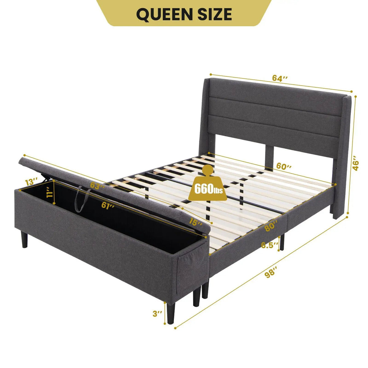 Full/Queen Size Upholstered Platform Bed Frame with Storage Ottoman, photo 8 of 16