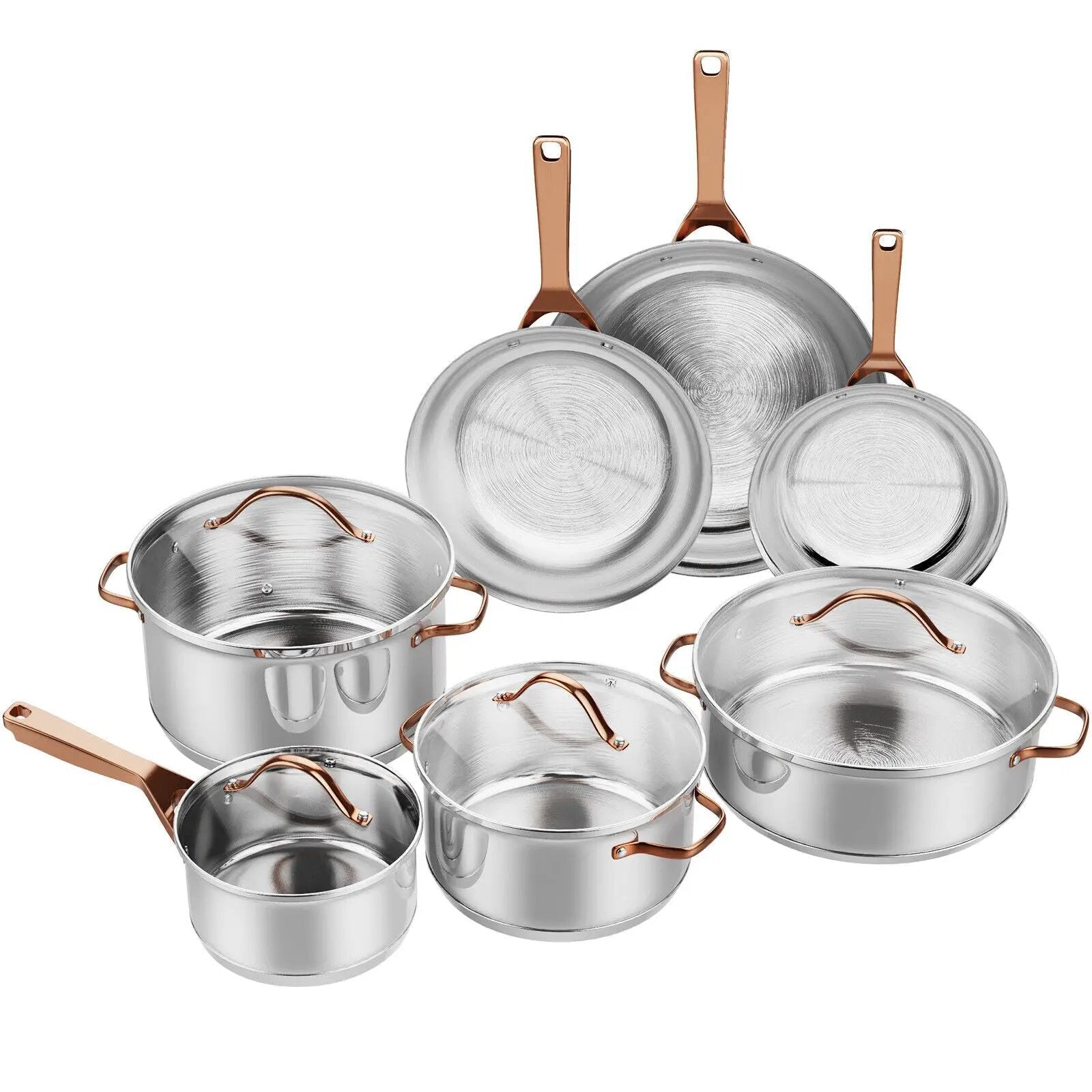 11 Pieces Stainless Steel Kitchen Cookware Set with Gold Stay-Cool Handles by DirectDeals