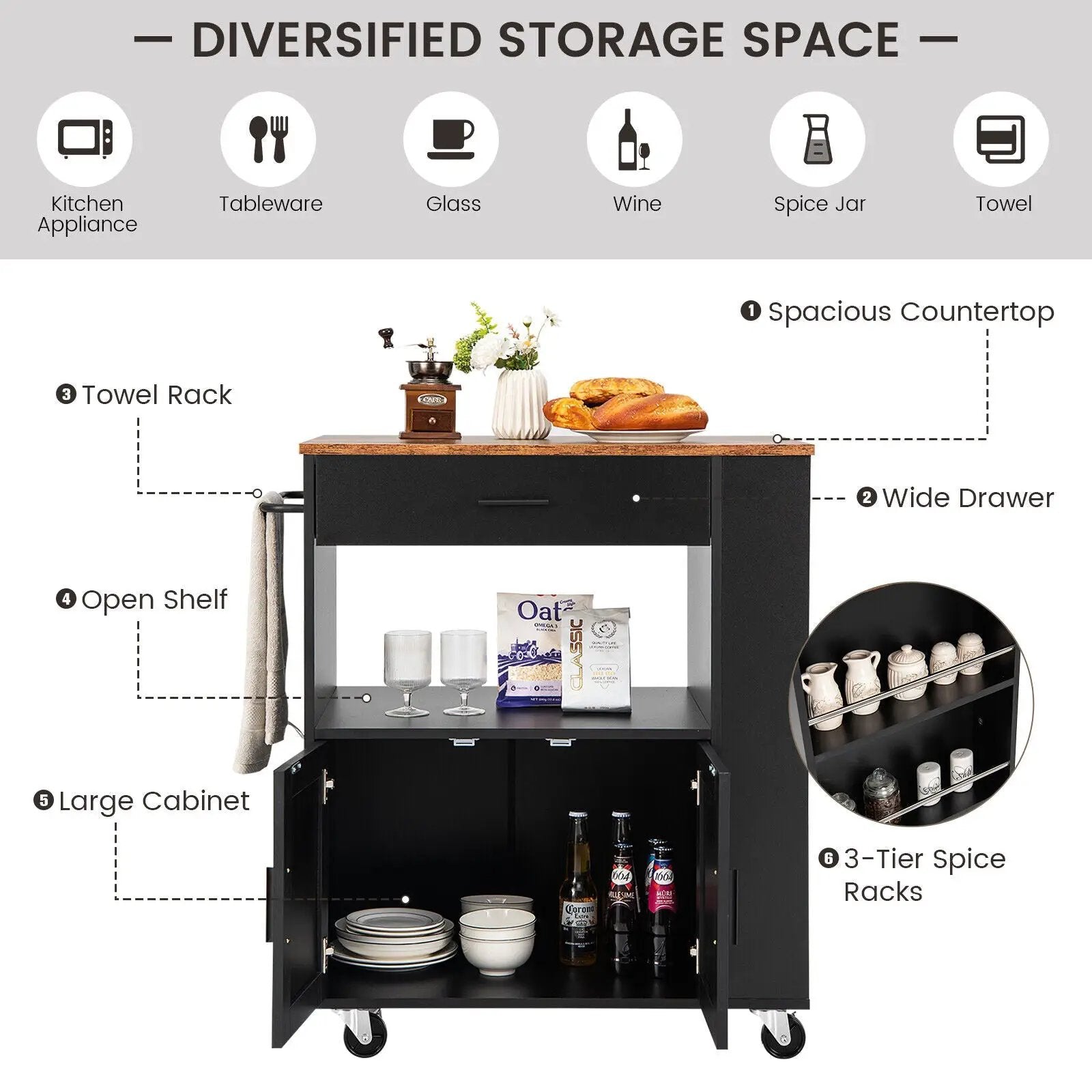 Rolling Kitchen Trolley with 3 Spice Racks Drawer and Open Shelf by DirectDeals