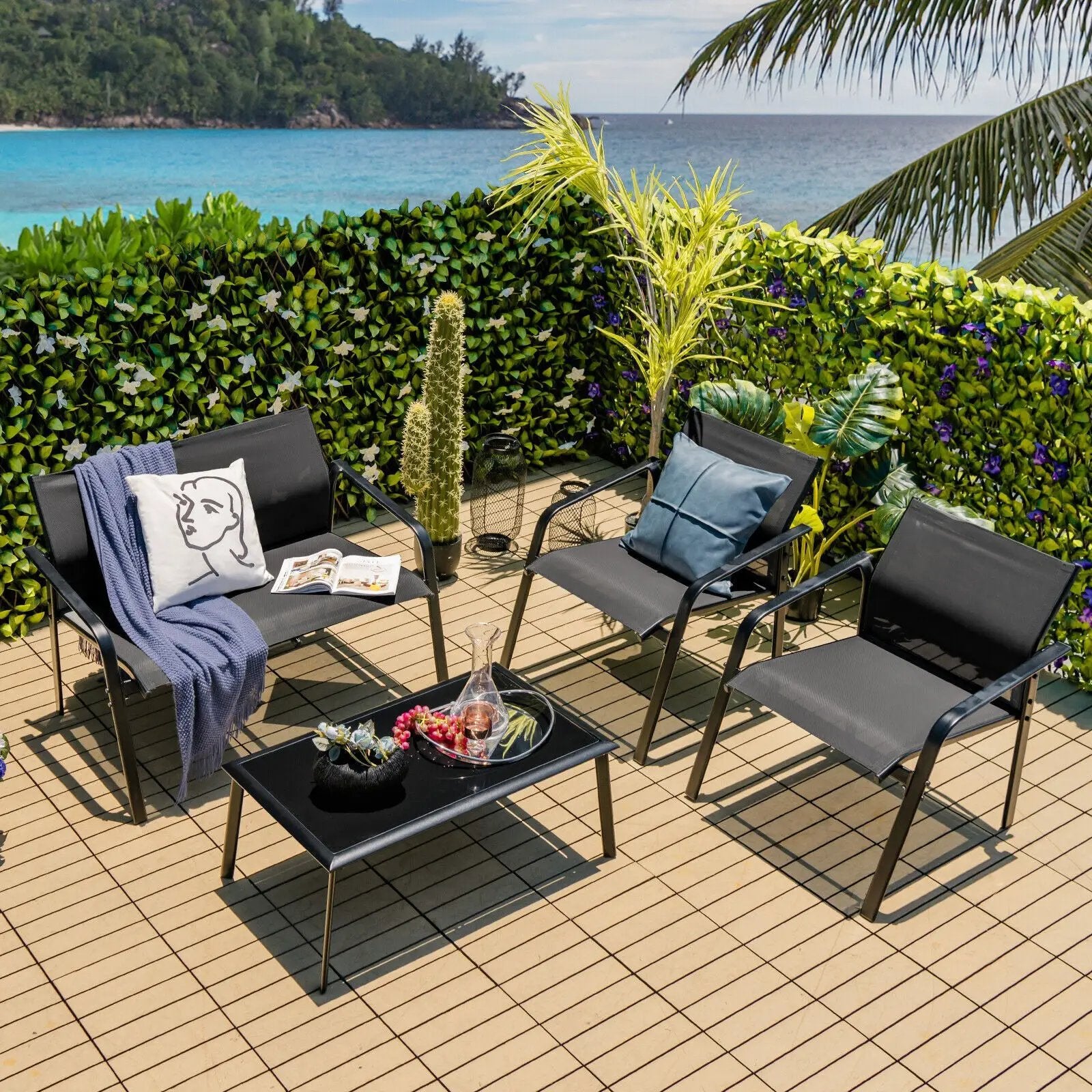 4 Pieces Patio Furniture Set with Armrest Loveseat Sofas and Glass Table Deck by DirectDeals