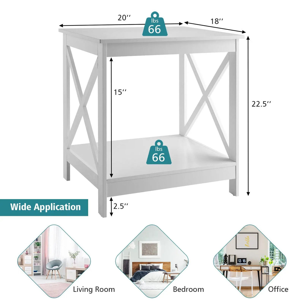 2-Tier Side Table with X-shape Design and 4 Solid Legs, photo 12 of 21