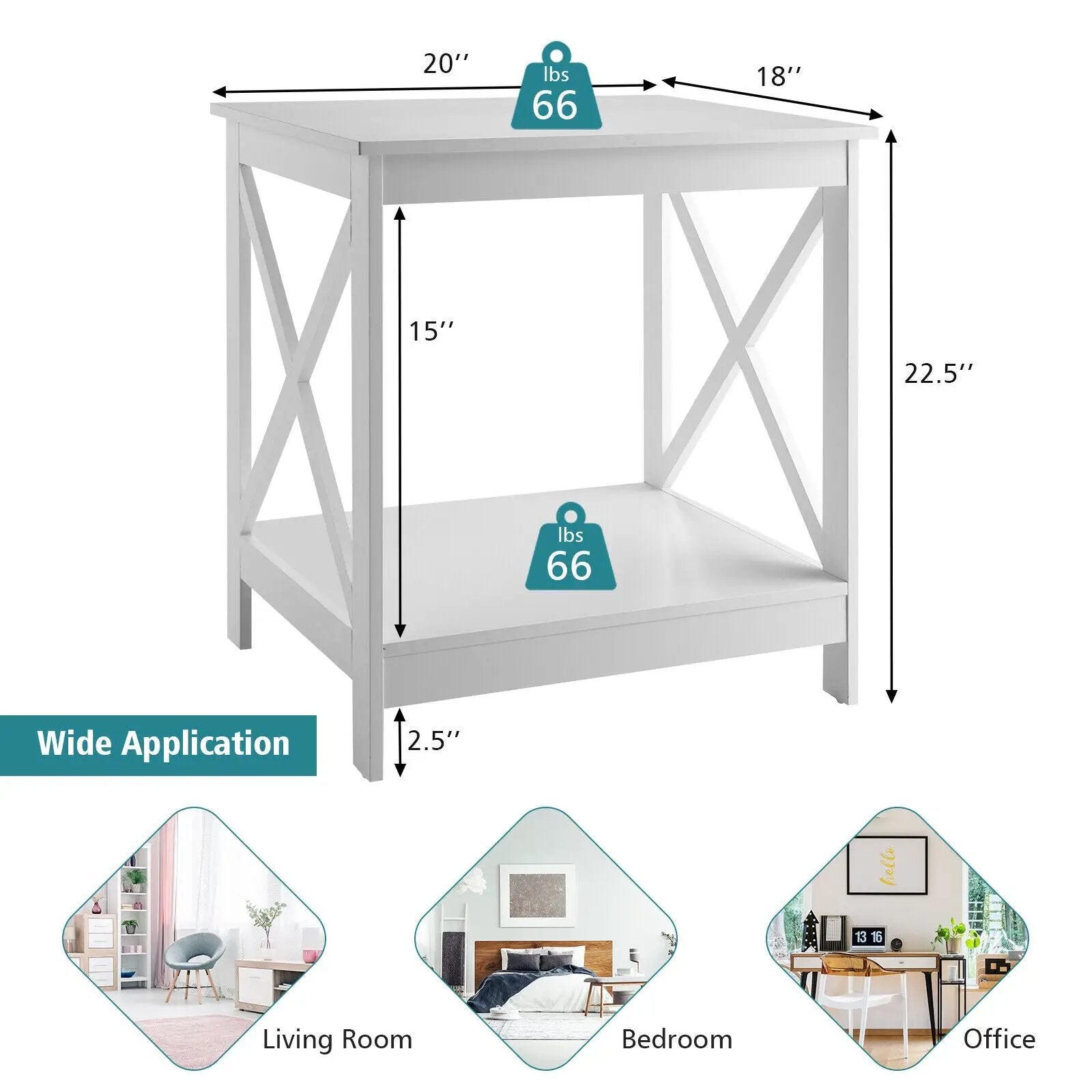 2-Tier Side Table with X-shape Design and 4 Solid Legs by DirectDeals