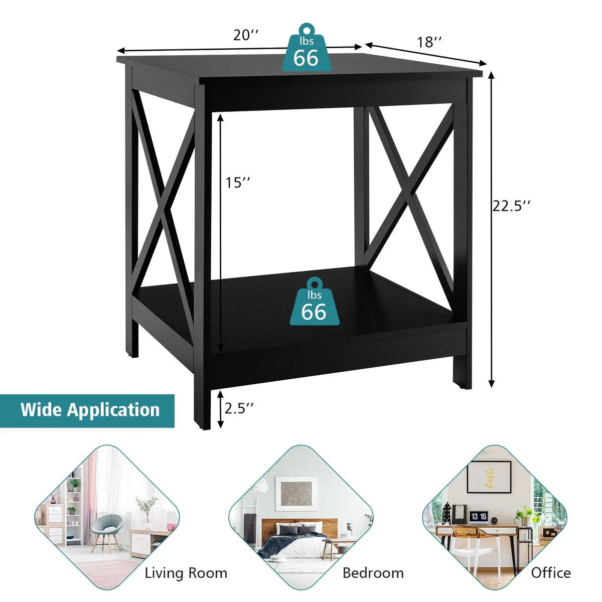 2-Tier Side Table with X-shape Design and 4 Solid Legs, photo 11 of 21