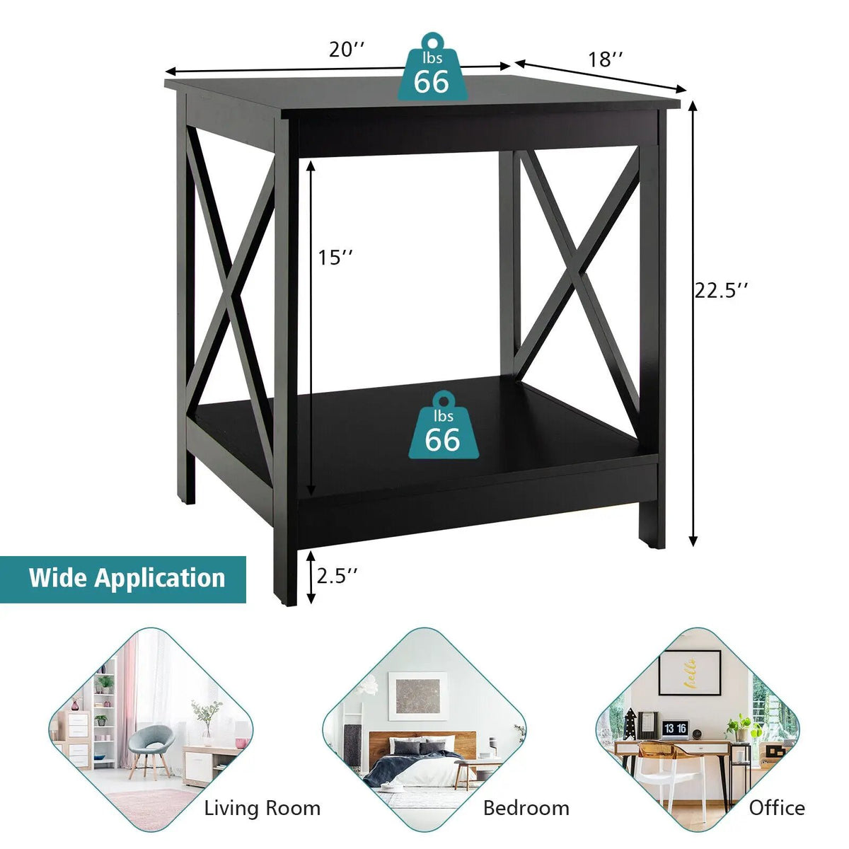 2-Tier Side Table with X-shape Design and 4 Solid Legs, photo 10 of 21