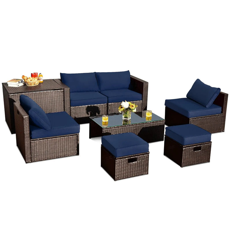 8 Pieces Patio Space-Saving Rattan Furniture Set with Storage Box and Waterproof Cover-Gray by DirectDeals