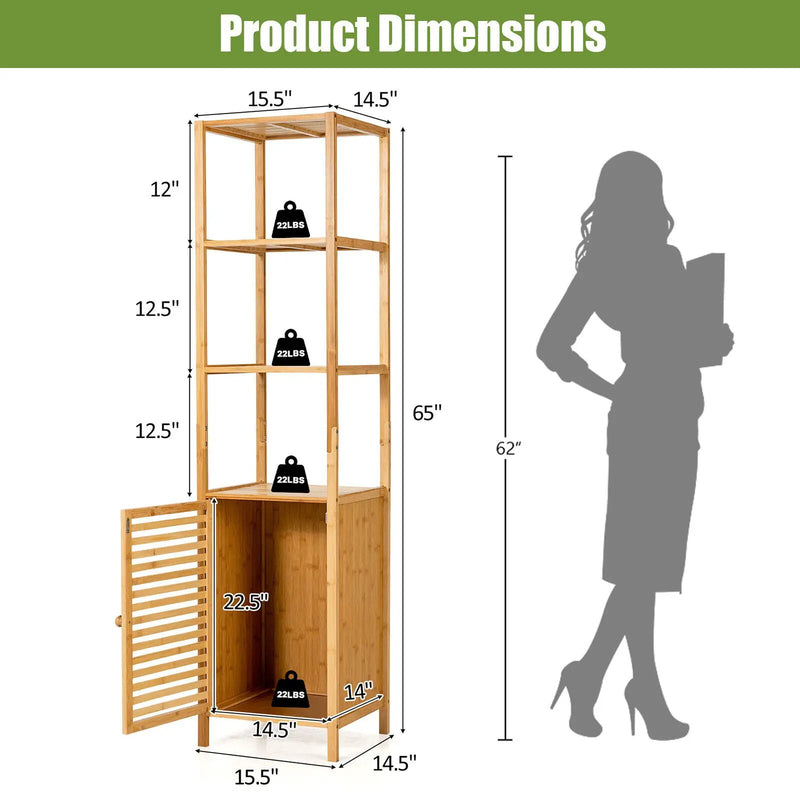 4 Tiers Slim Bamboo Floor Storage Cabinet with Shutter Door and Anti-Toppling Device-Natural by DirectDeals
