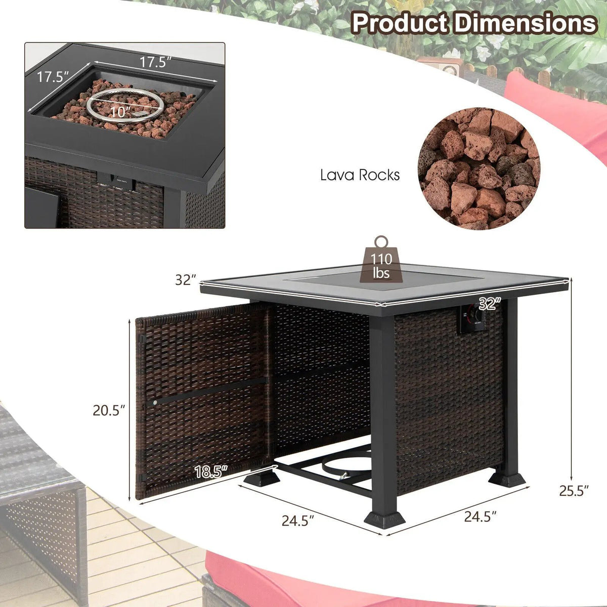 32 Inch Square Propane Fire Pit Table with Lava Rocks Cover, photo 8 of 16