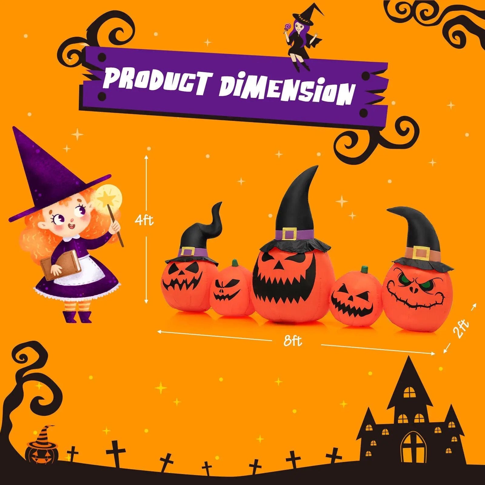8 Feet Inflatable Pumpkin Family Waterproof Halloween Yard Decoration with LED Lights by DirectDeals