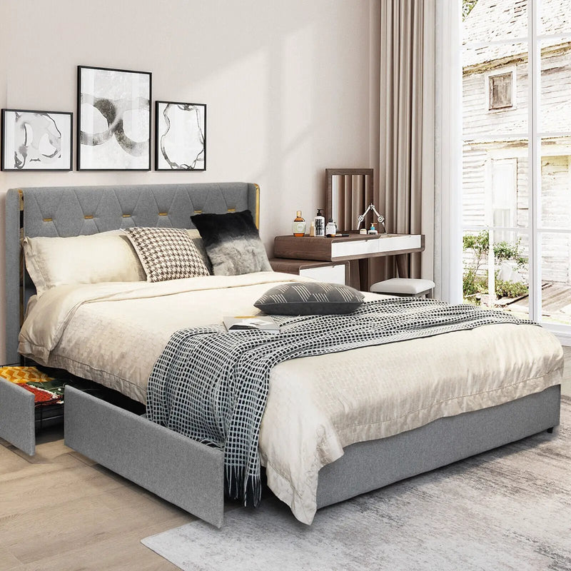 Bed Frame Mattress Foundation with 4 Storage Drawers by DirectDeals