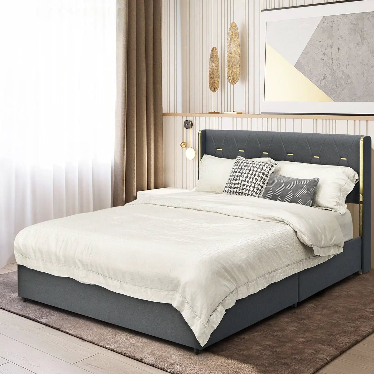 Full/Queen Size Upholstered Bed Frame with 4 Storage Drawers, photo 7 of 9