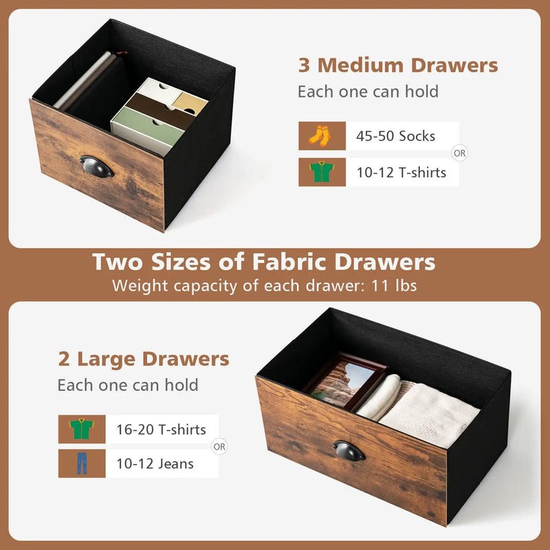 Dresser Organizer with 5 Drawers and Wooden Top-Rustic Brown by DirectDeals