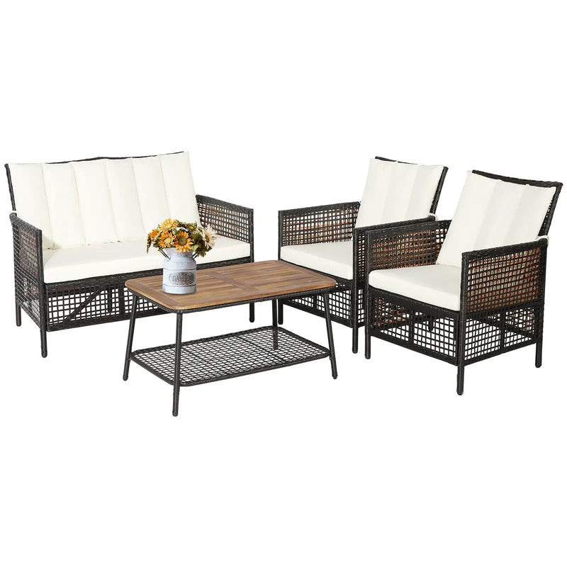 4 Pieces Patio Rattan Furniture Set with 2-Tier Coffee Table-White by DirectDeals