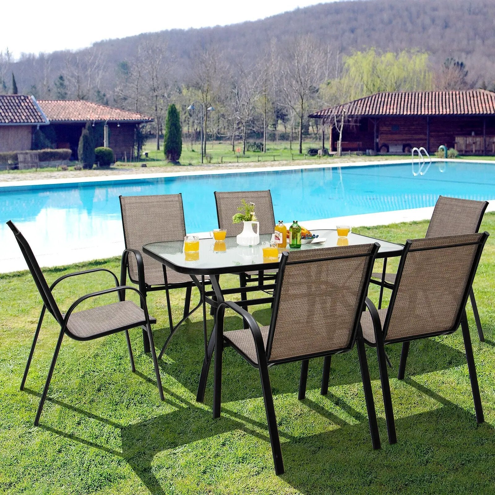 55 x 35 Inch Patio Dining Rectangle Tempered Glass Table with Umbrella Hole by DirectDeals