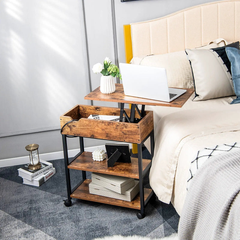 Lift Top End Table with Charging Station and Universal Wheels-Rustic Brown by DirectDeals