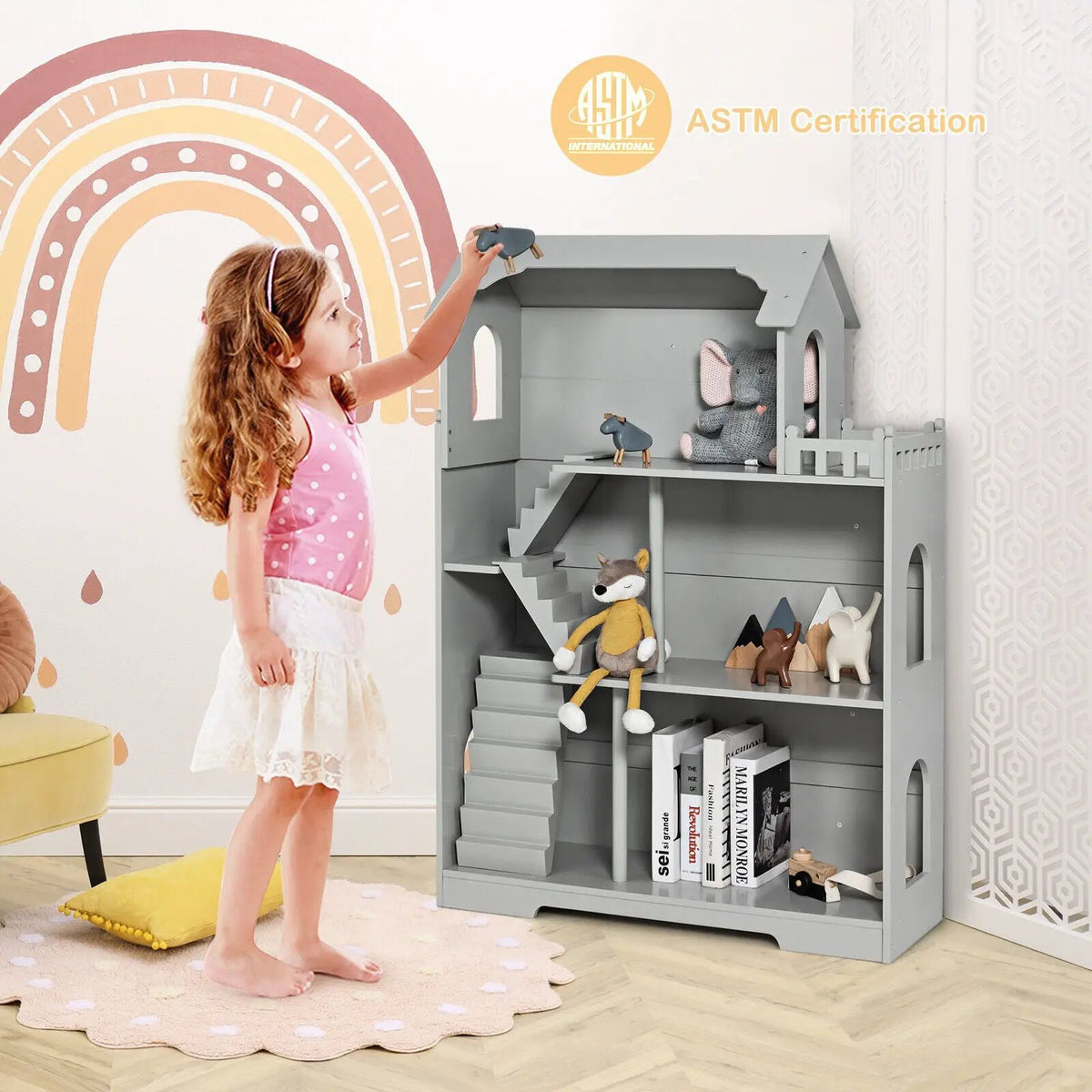 Kids Wooden Dollhouse Bookshelf with Anti-Tip Design and Storage Space, photo 3 of 16