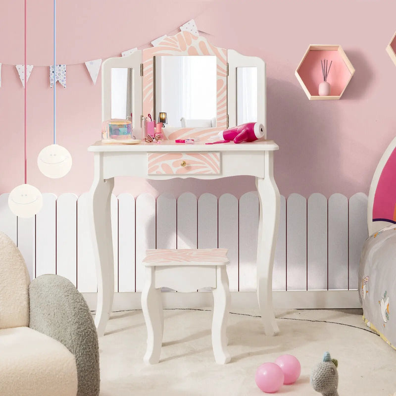 2-in-1 Kids Vanity Table Set with Tri-folding Mirror-Pink by DirectDeals