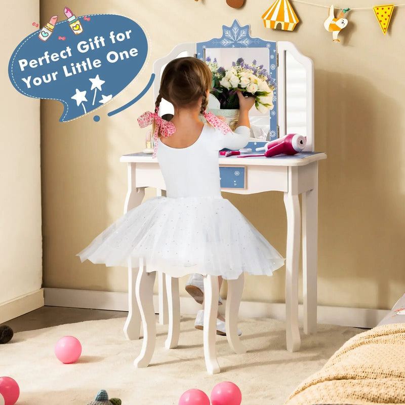 Princess Vanity Table and Chair Set with Tri-Folding Mirror and Snowflake Print-Blue by DirectDeals