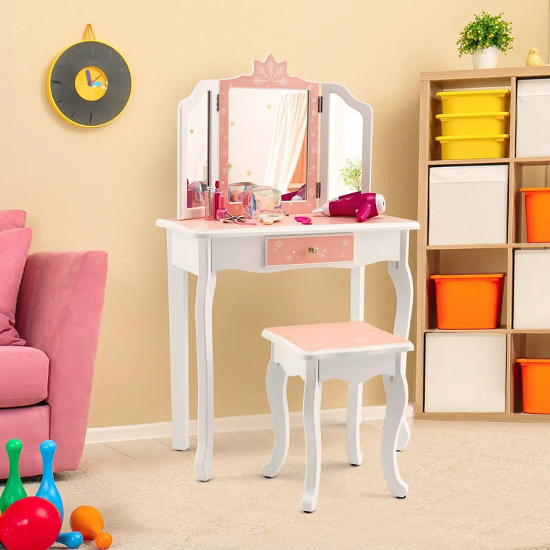 Princess Vanity Table and Chair Set with Tri-Folding Mirror and Snowflake Print-Pink by DirectDeals