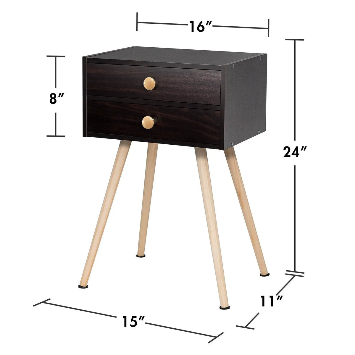 Modern Nightstand Bedside Table Mid Century with 2 Drawers-Natural, photo 5 of 10