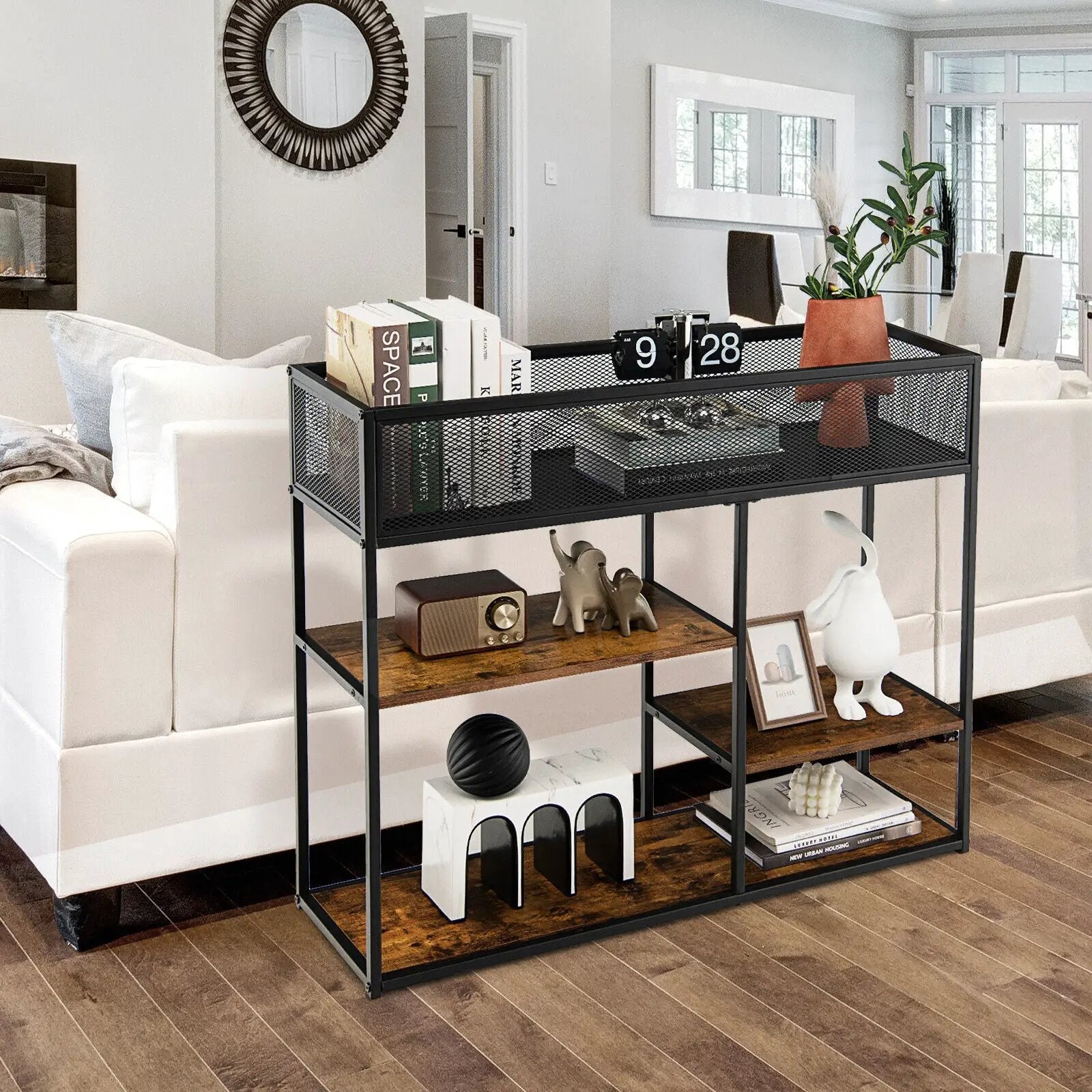 4-Tier Industrial Console Table with Wire Basket and shelf-Rustic Brown by DirectDeals