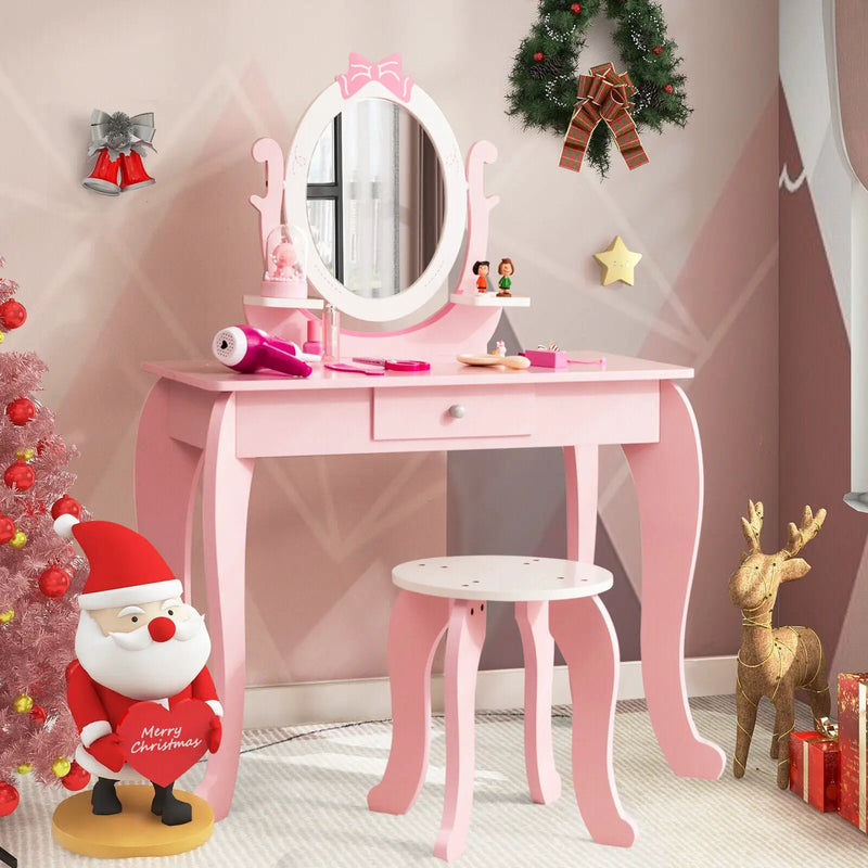 Kid Vanity Table Stool Set with Oval Rotatable Mirror-Pink by DirectDeals