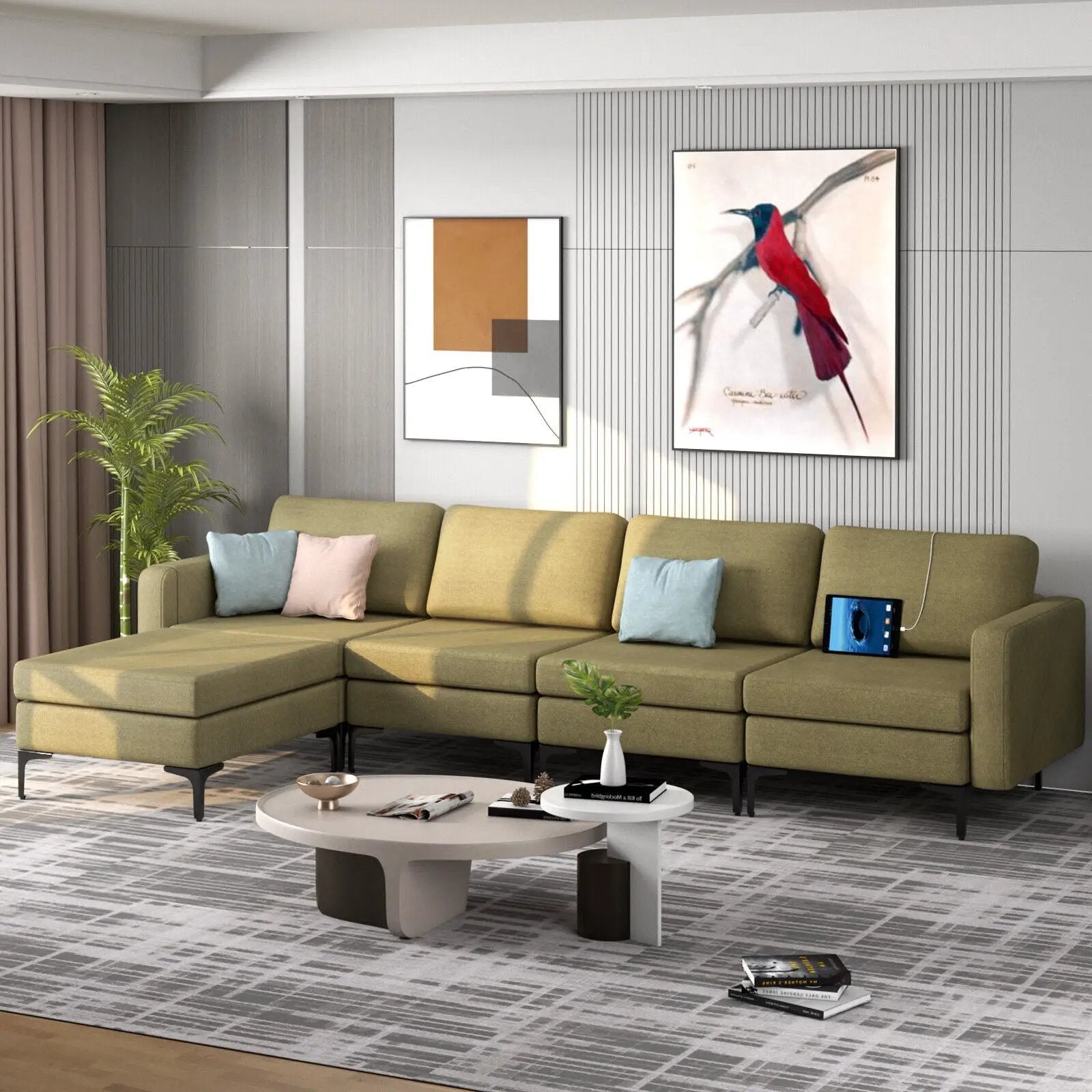 Modular L-shaped Sectional Sofa with Reversible Ottoman and 2 USB Ports by DirectDeals