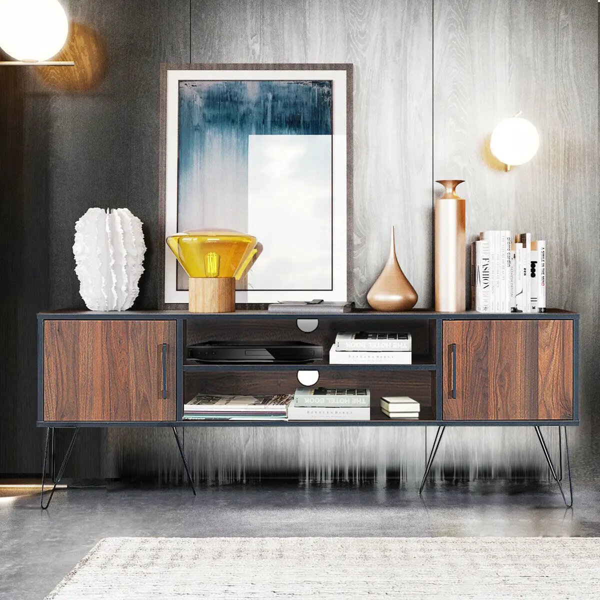 Retro Modern TV Stand with 6 Metal Legs for TVs up to 65 Inch with 2 Cable Holes by DirectDeals