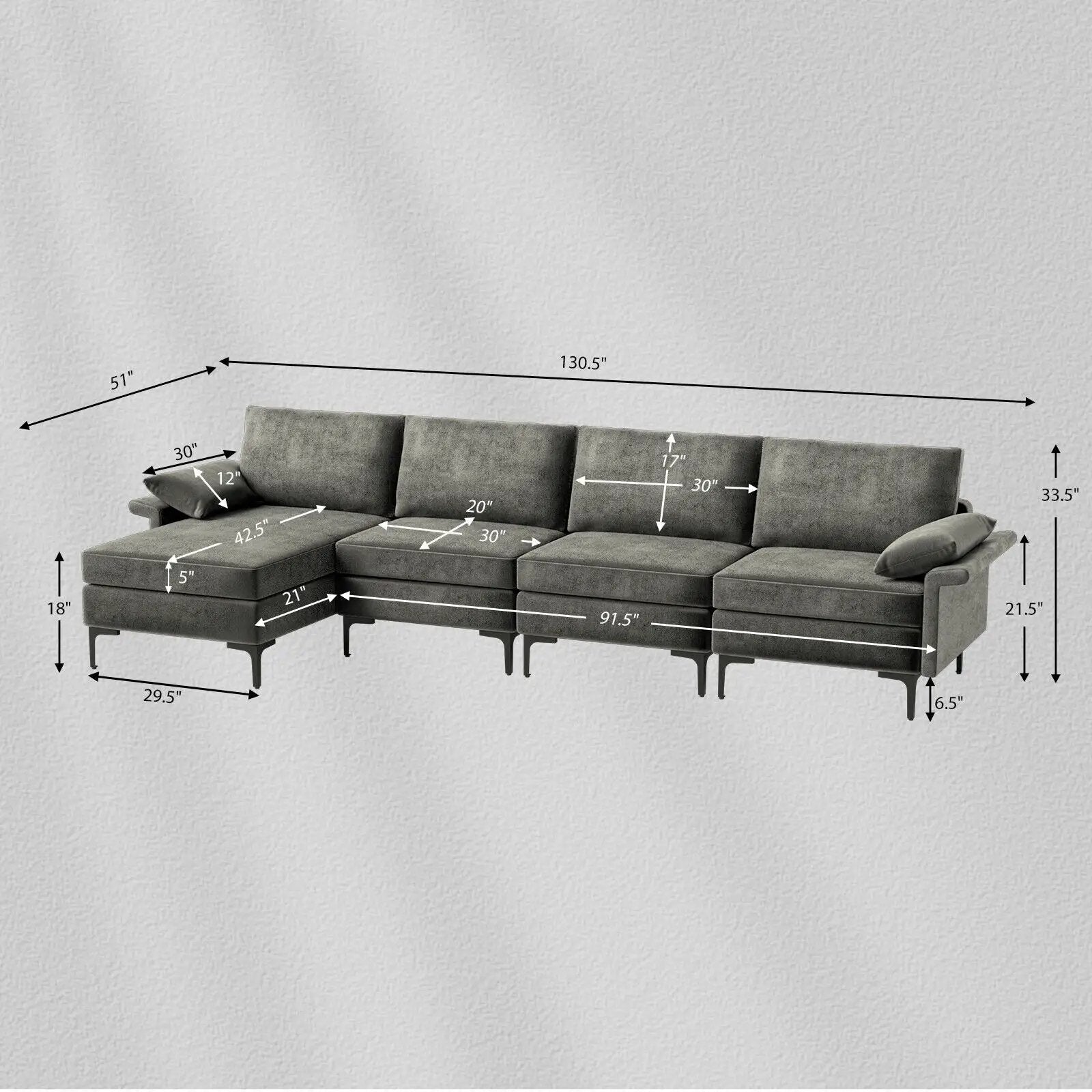 Extra Large L-shaped Sectional Sofa with Reversible Chaise and 2 USB Ports for 4-5 People by DirectDeals