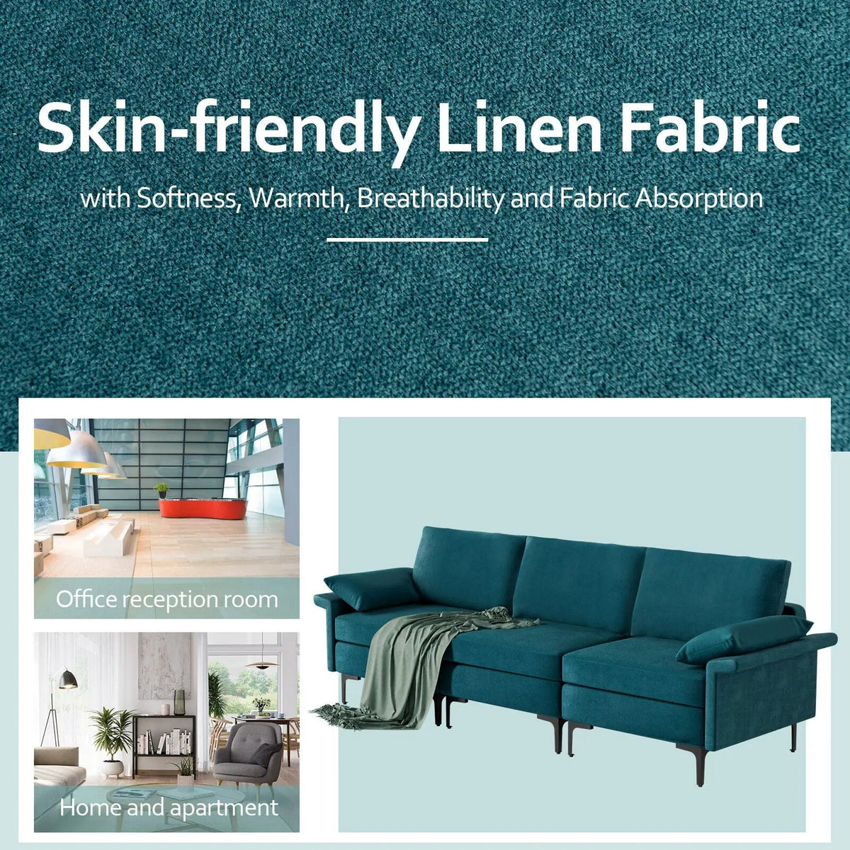 Large 3-Seat Sofa Sectional with Metal Legs for 3-4 people, photo 10 of 32