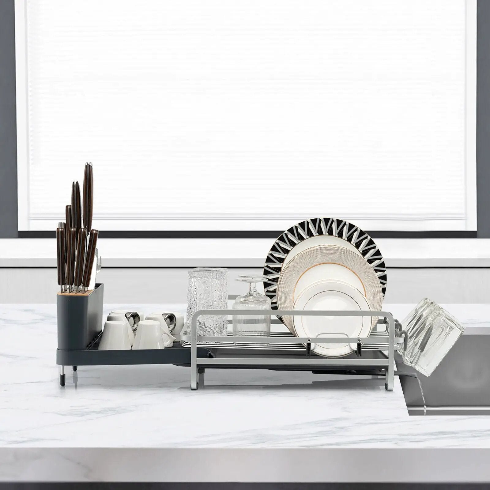 Aluminum Expandable Dish Drying Rack with Drainboard and Rotatable Drainage Spout by DirectDeals