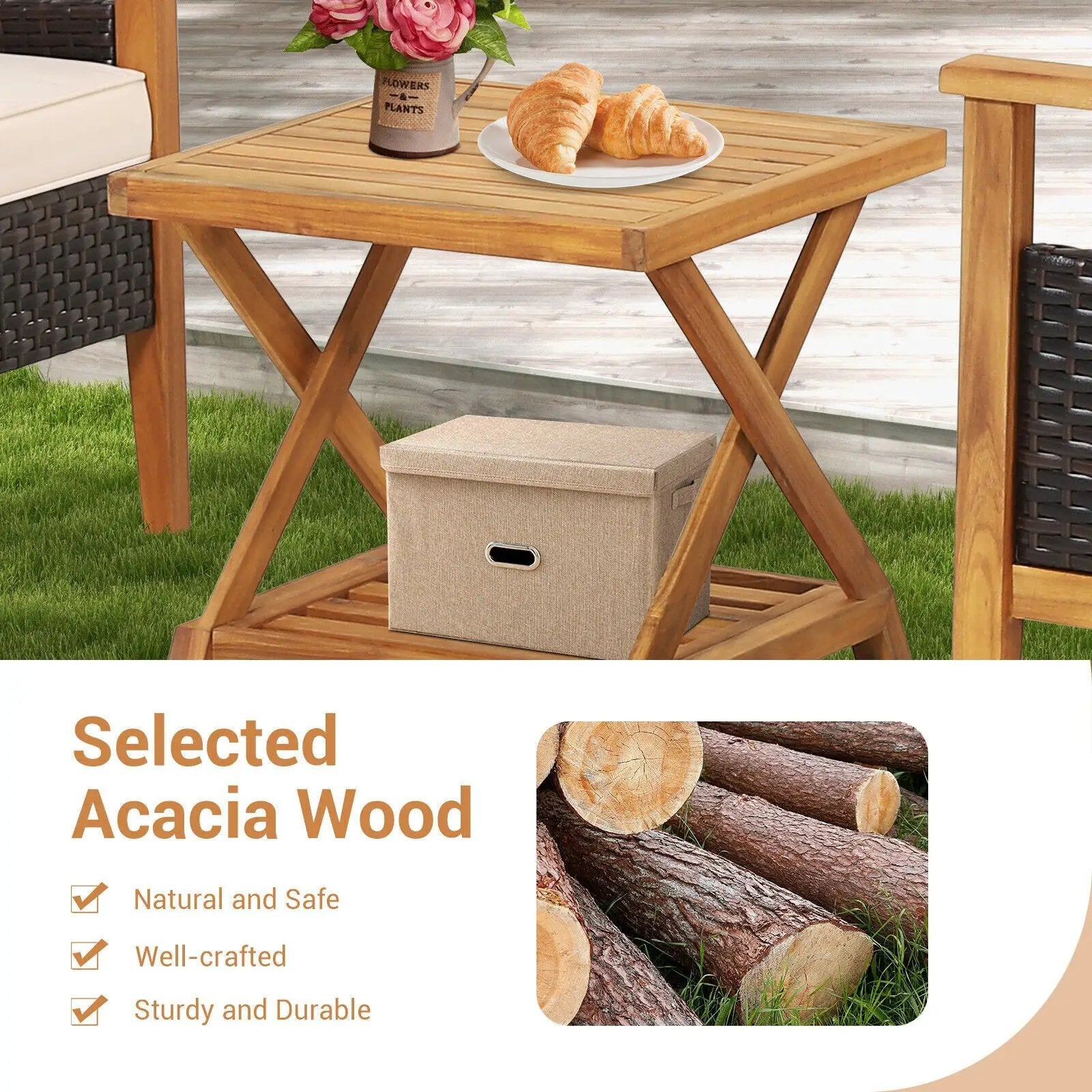 3 Pieces Patio Wicker Furniture Set with 2-Tier Side Table and Cushioned Armchairs-Natural by DirectDeals