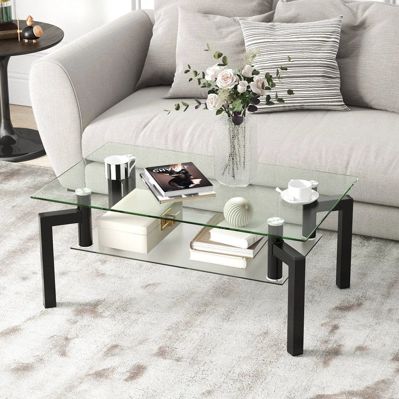 2-Tier Rectangular Glass Coffee Table with Metal Tube Legs-Black by DirectDeals
