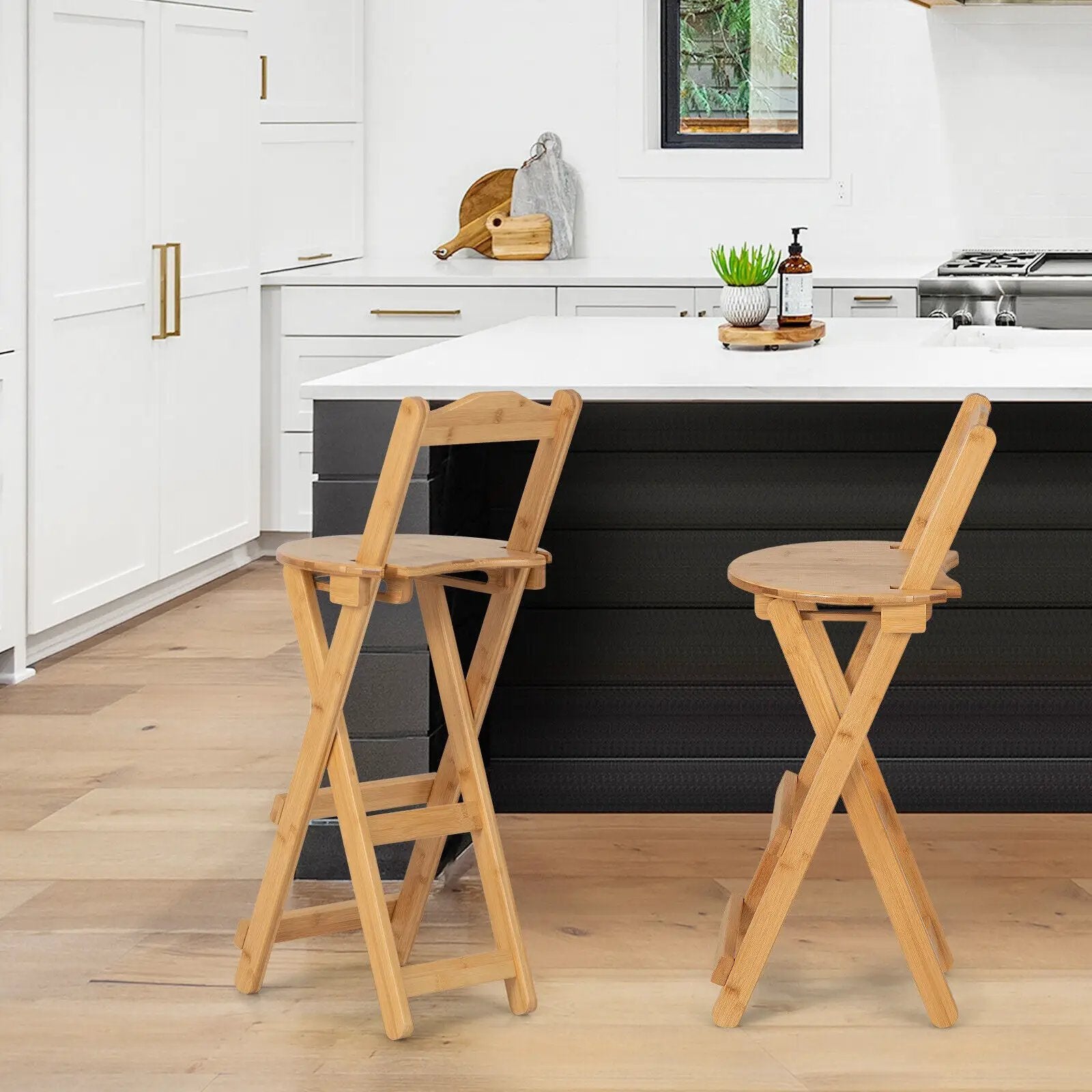 24 Inch Set of 2 Bamboo Folding Barstools with Footrests and Handles-Natural by DirectDeals