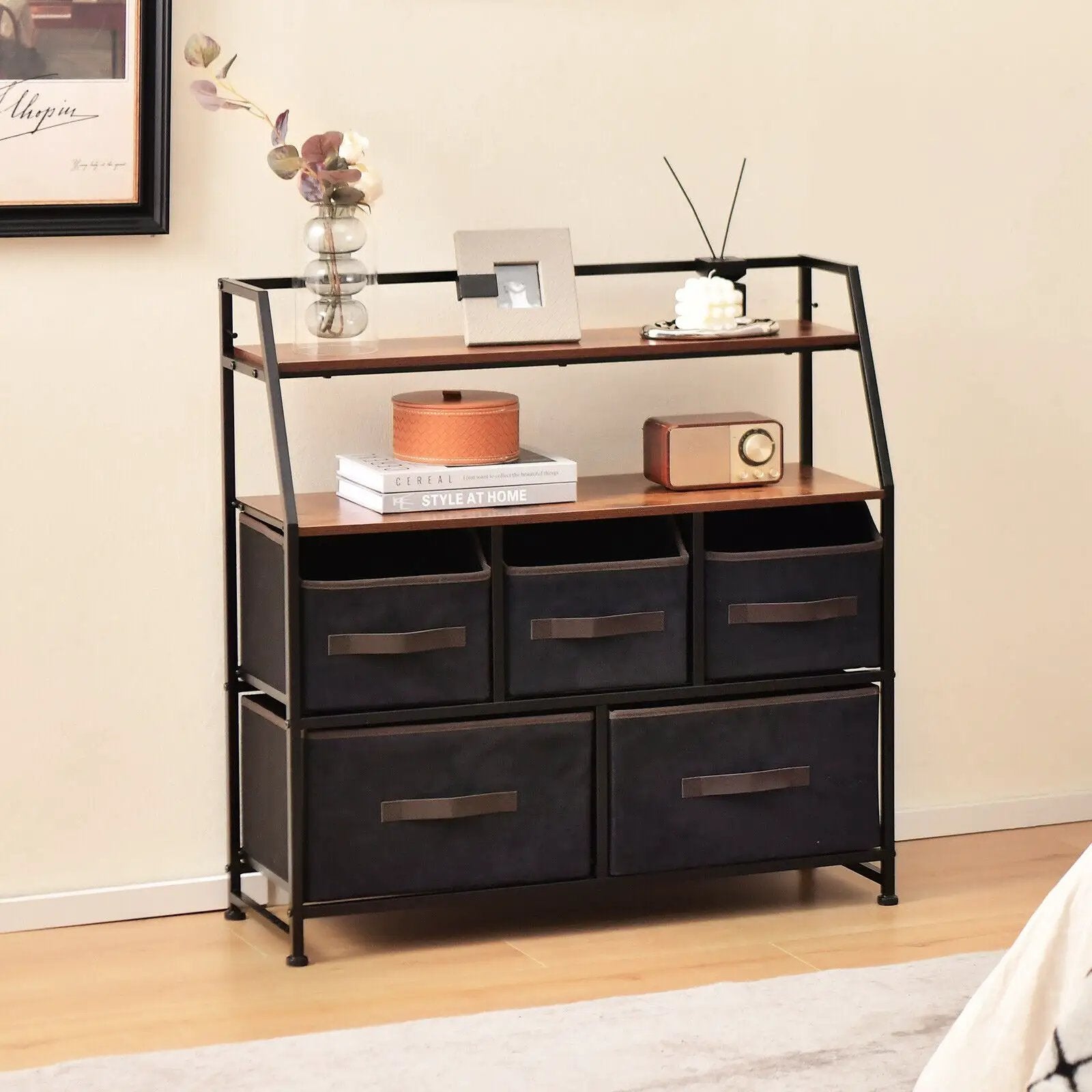 5 Drawers Storage Dresser with Fabric Bin for Living Room Bedroom-Black by DirectDeals