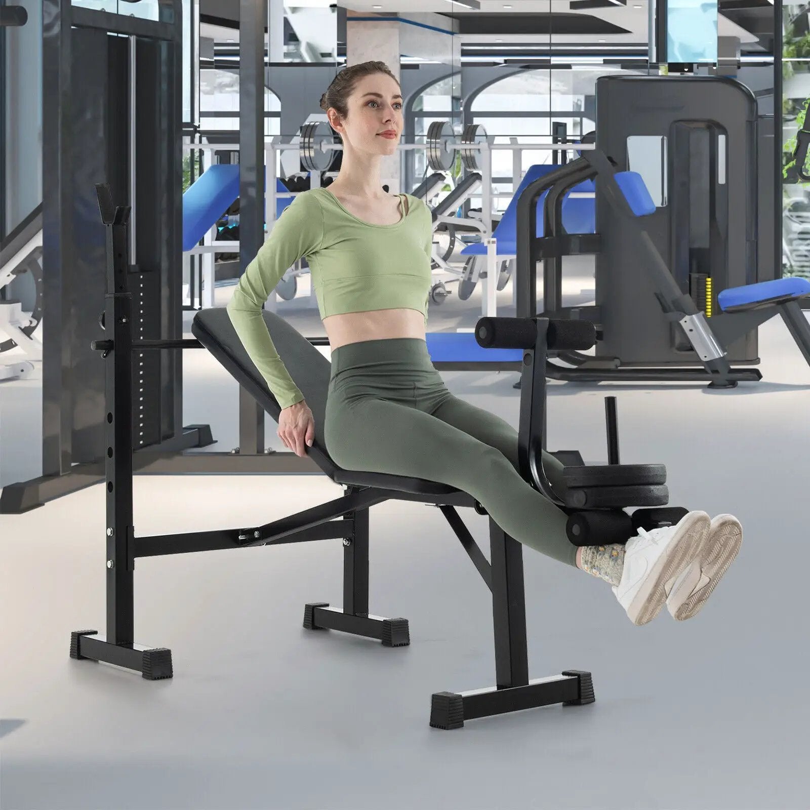 Adjustable Weight Bench and Barbell Rack Set with Weight Plate Post by DirectDeals
