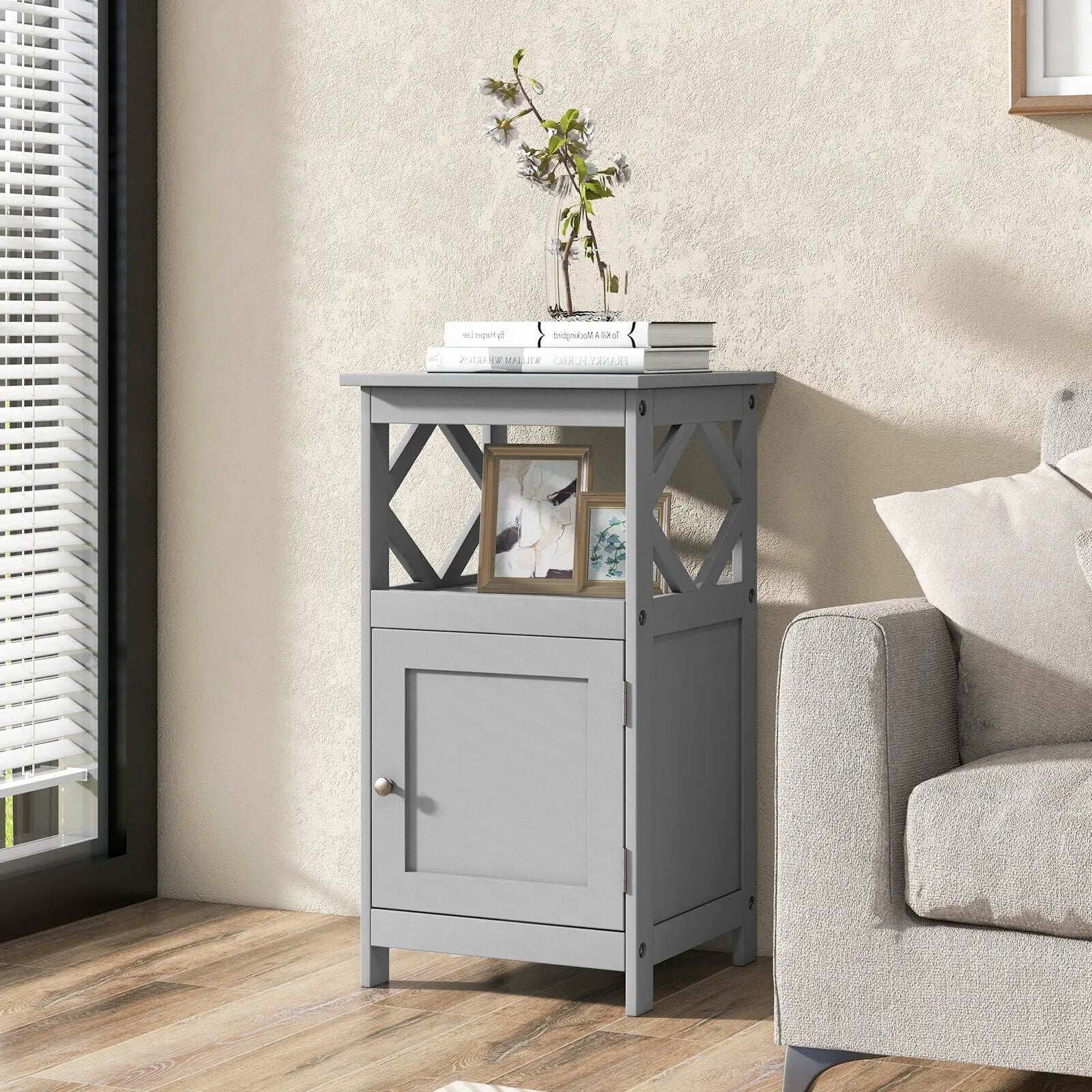 Bathroom Floor Cabinet Side Storage Organizer with Open Shelf and Single Door-Gray by DirectDeals