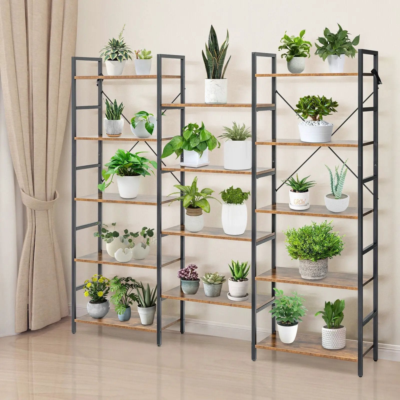 Large Triple Wide Floor Standing Bookcase Display Shelf with Metal Frame-Rustic Brown by DirectDeals