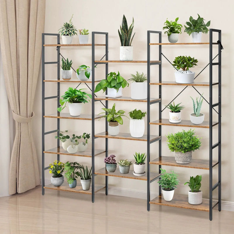 Large Triple Wide Floor Standing Bookcase Display Shelf with Metal Frame-Rustic Brown by DirectDeals