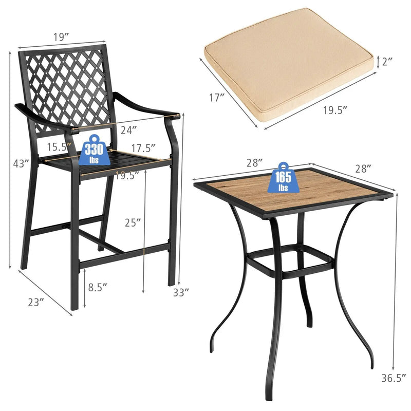 3 Pieces Patio Bar Set with 2 Bar Stools and 1 Square Table by DirectDeals