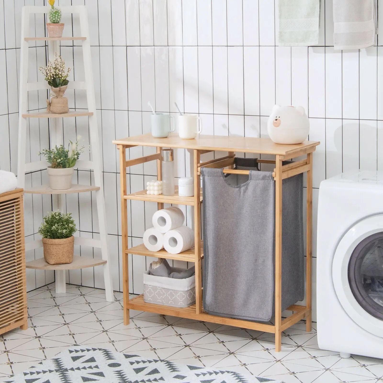 Bamboo Laundry Hamper Stand with Removable Sliding Bag and 3-Tier Open Shelves by DirectDeals