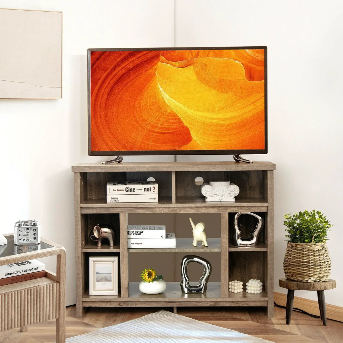 Modern Corner TV Stand with Adjustable Shelves for TVs up to 48 Inch, photo 3 of 24